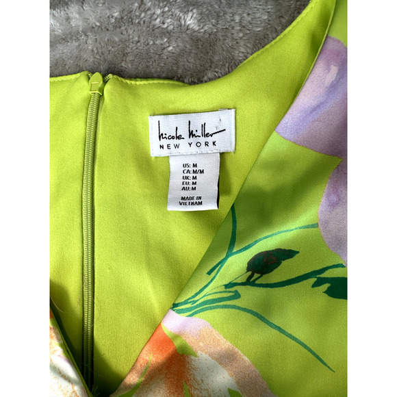 Nicole Miller Satin Neon Green Floral Tiered Ruffle Dress Womens Size M NEW - Picture 7 of 8